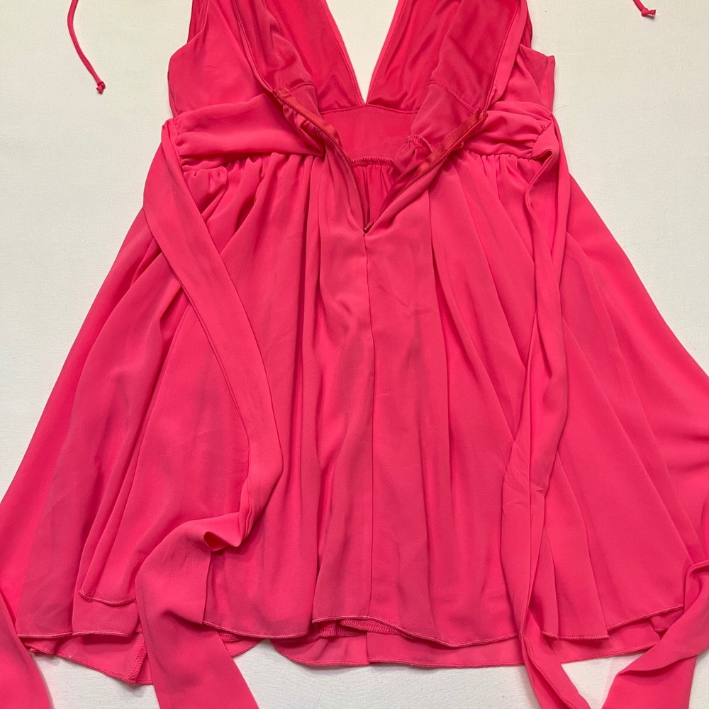 Lucy In The Sky Los Angeles Hot Pink Tie Shoulder Deep V Mini Dress Size L - Picture 8 of 9